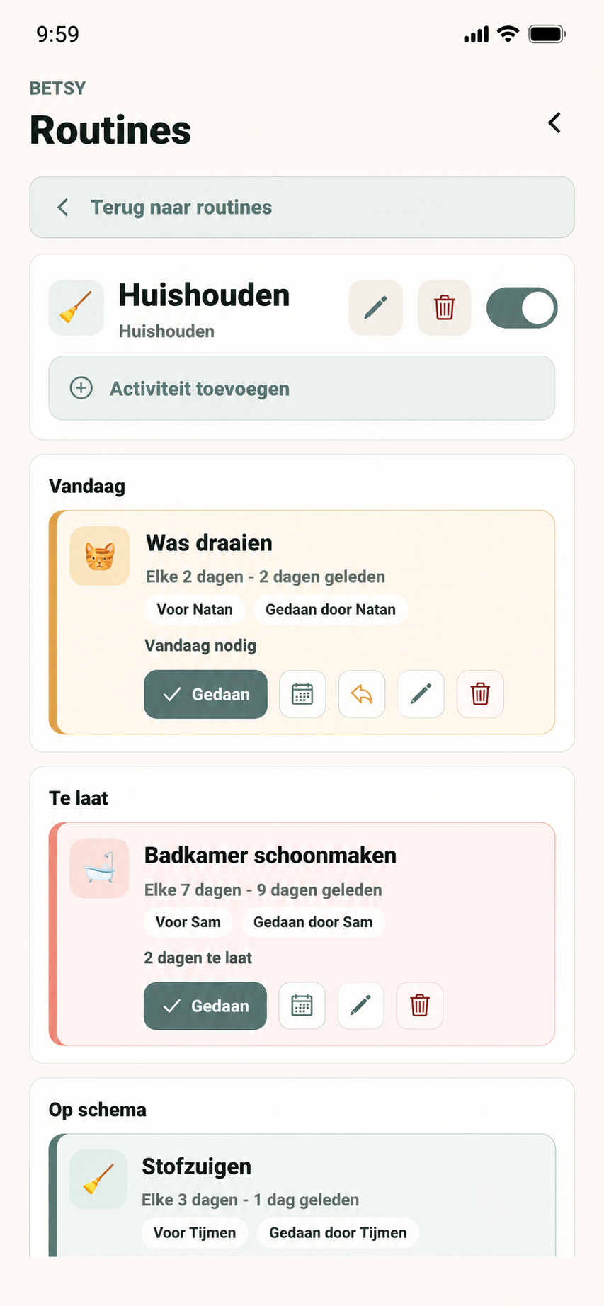 Routine detail met activiteiten voor vandaag